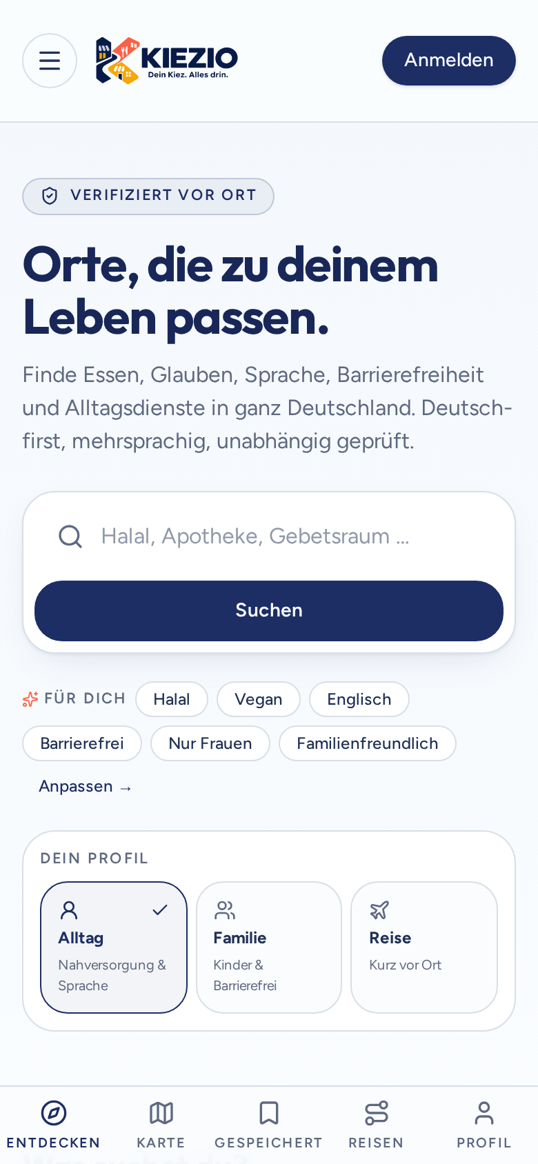 Mobile — Suche mit Filtern, Umkreis und Bottom-Navigation